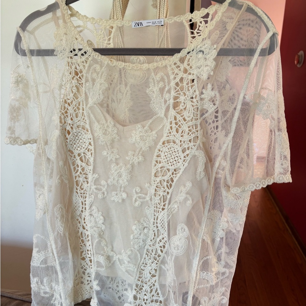 Zara Cream Embellished Lace Short Sleeve Blouse